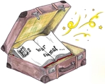 Zeichnung eines Koffers. Darin liegt ein aufgeschlagenes Buch mit dem Text &bdquo;Es war einmal...&ldquo;.