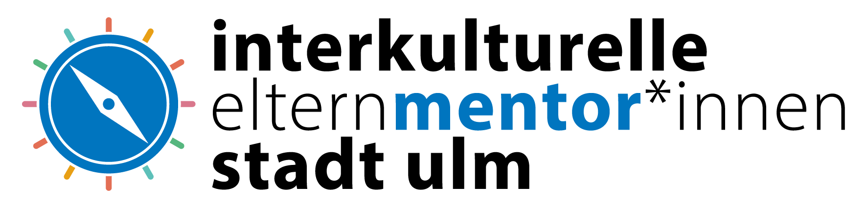 Logo des Programms Interkulturelle Elternmentor*innen der Stadt Ulm mit Kompass und Text