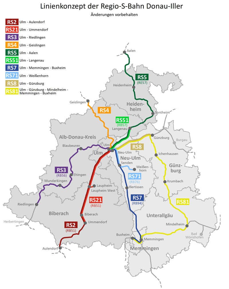 Liniennetz der geplanten S-Bahn-Verbindungen, das sich von Aalen im Norden bis nach Memmingen im Süden sowie von Riedligen im Westen bis nach Mindelheim im Ostn erstreckt.