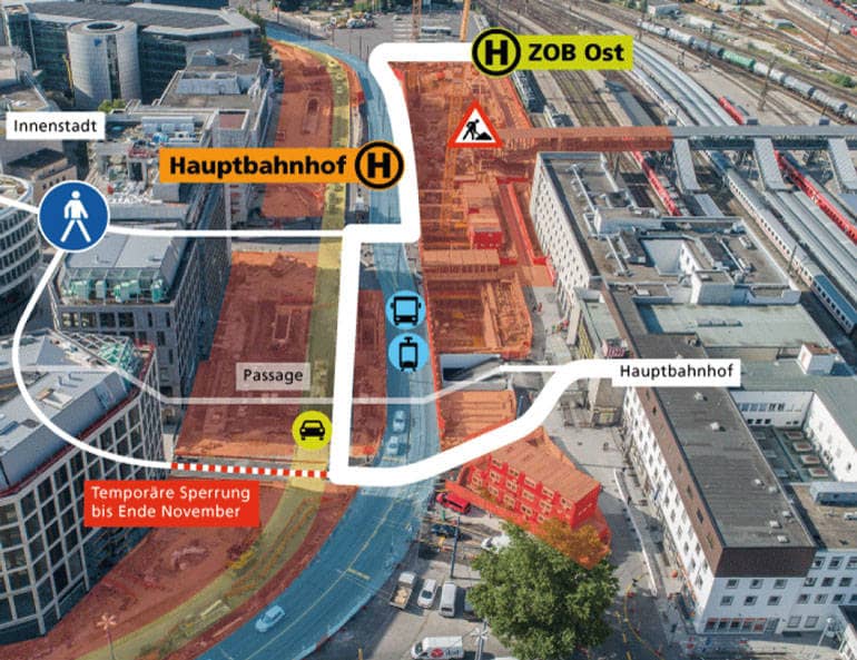Luftbild vom Hauptbahnhof. Grafische Elemente erklären eine veränderte Verkehrslage