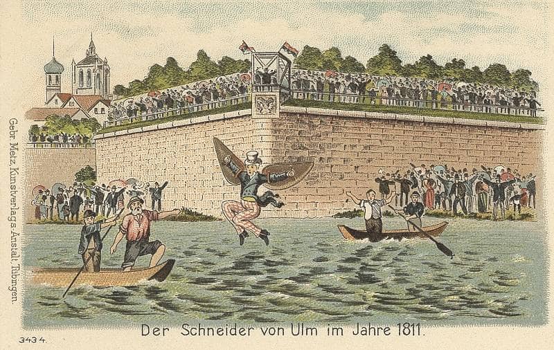 Zeichnung von Albrecht Ludwig Berblinger, der mit seiner Flugmaschine in die Donau fällt