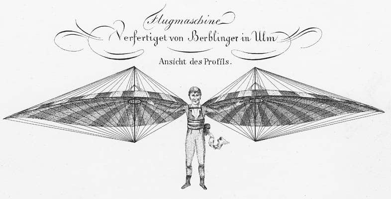 Zeichnung eines Geräts mit zwei Flügeln, das sich ein Mann um die Schultern geschnallt hat