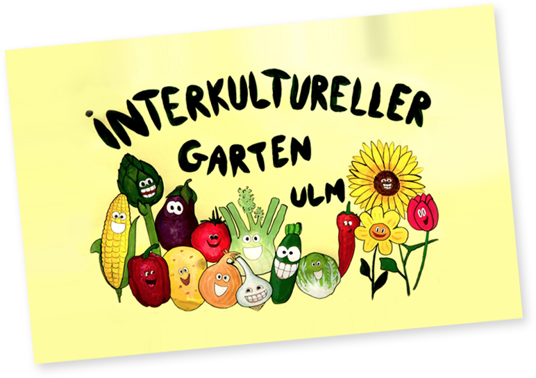 Interkultureller Garten, Gemüse und Pflanzen mit einem einem lächeln gezeichnet im Comic Stil 
