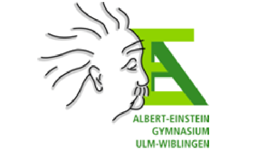Logo Albert-Einstein-Gymnasium Ulm Wiblingen in grün und weiß mit skiziiertem Kopf von Albert Einstein
