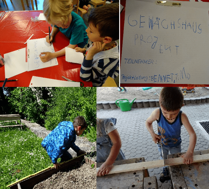 Collage aus 4 Fotos. 1. Zwei Kindergartenkinder schreiben Ideen auf, 2. Zettel mit Gewächshausprojekt, 3. Kind im Garten arbeitet an einem Beet, 4. Kind sägt an einer kleinen Werkbank