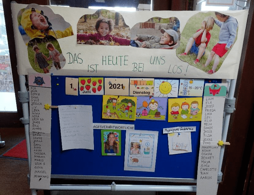 Pinnwand mit Bildern zu den Tagesaktivitäten für Kindergartenkinder