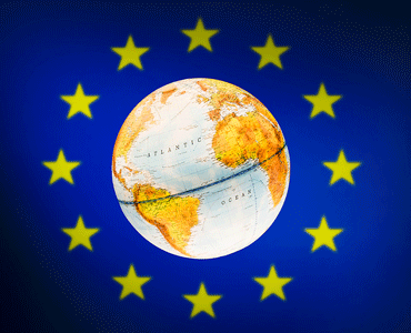 Weltkugel umrahmt von der Europa-Flagge
