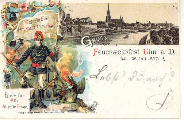 Historische Postkarte des Feuerwehrfests in Ulm