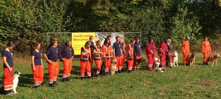 Die Rettungshunde mit ihren Hundeführer/innen in Einsatzkleidung auf einer Wiese auf dem Katastrophenschutz-Übungsgelände der Feuerwehr Ulm. 