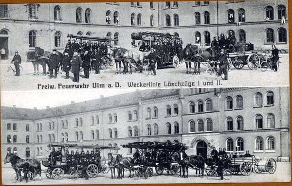 Ein historisches Bild der Weckerlinienzüge der Ulmer Feuerwehr