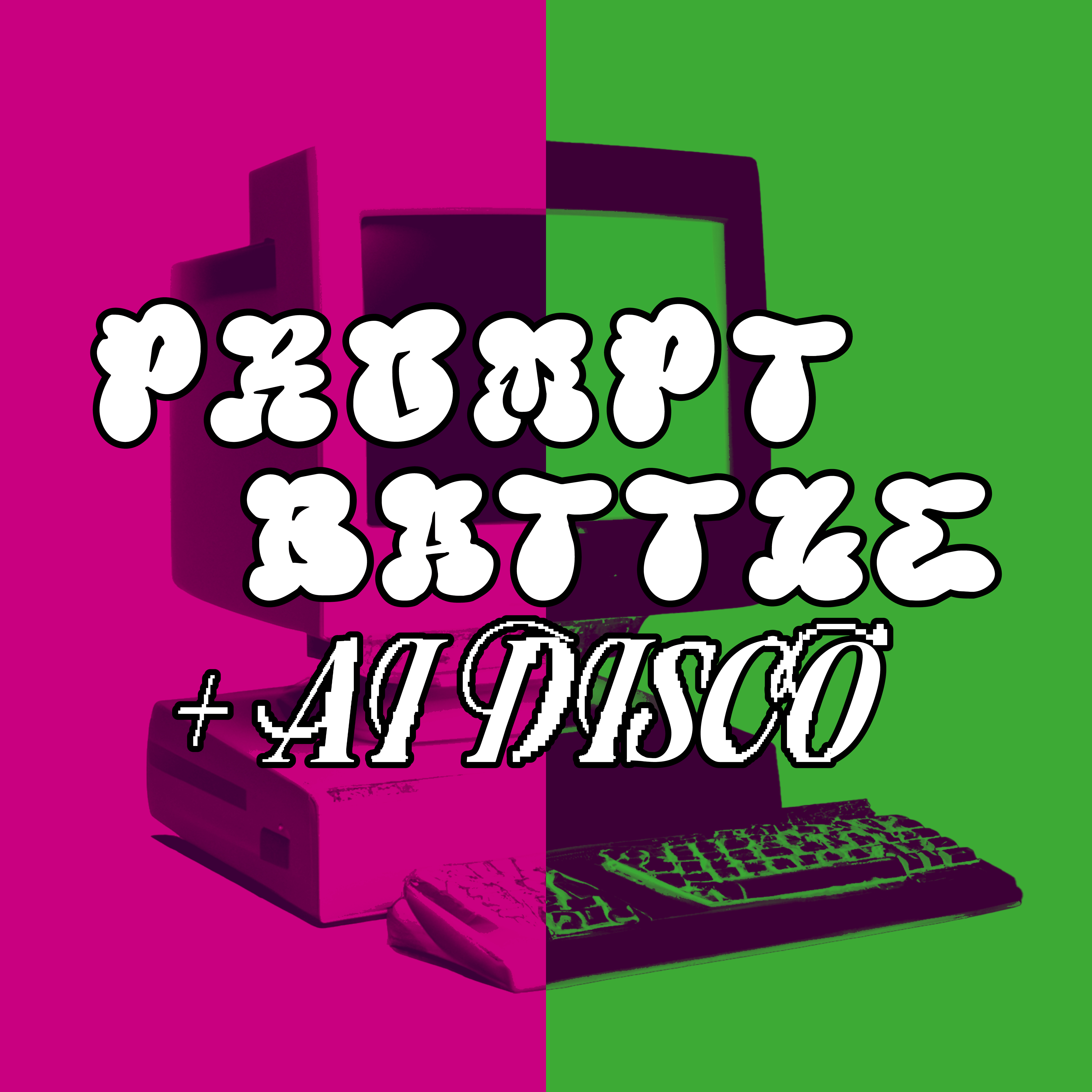 Pink-Grüner Hintergrund mit altem PC und Schrift "Prompt Battle"