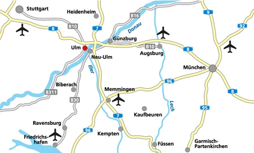 Karte der Flughäfen in der Nähe von Ulm