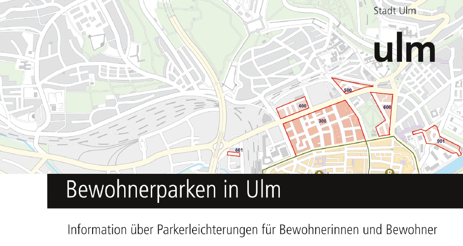 Karte der Bewohnerparkgebiete mit Logo der Stadt Ulm und Text Bewohnerparken in Ulm