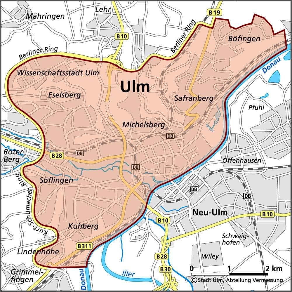 Karte, in der die Umweltzone in Ulm gekennzeichnet ist.