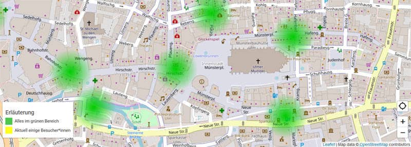 Stadtkarte von Ulm mit grünen Markierungen auf den zentralen Plätzen