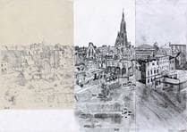 Gemälde, das aus drei nebeneinander angeordneten Zeichnungen ähnliches Stils besteht, die die Stadt Ulm zeigen und nahtlos ineinander übergehen.