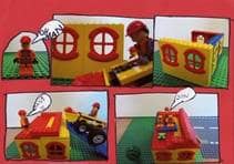 Collage aus Fotos, auf denen Baustellensituationen mit Legomännchen dargestellt sind.