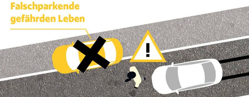 Zeichnung einer gefährlichen Verkehrssituation, bei der ein Fußgänger auf die Straßenfahrbahn ausweichen muss, weil ein Auto auf dem Gehweg abgestellt ist.