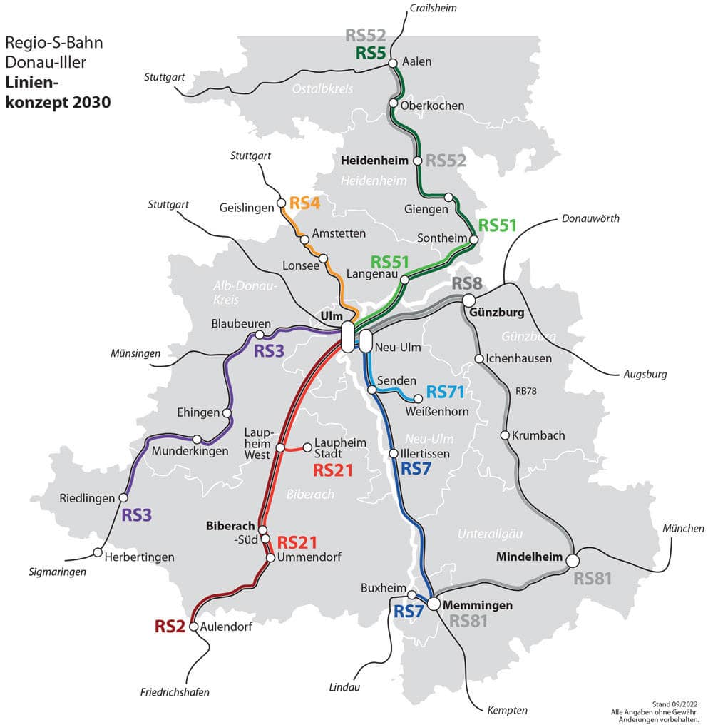 Liniennetzplan mit mehreren S-Bahn-Linien, die von und nach Ulm und Neu-Ulm führen