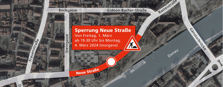 Stadtplan, der den gesperrten Abschnitt in der Neuen Straße verdeutlicht.