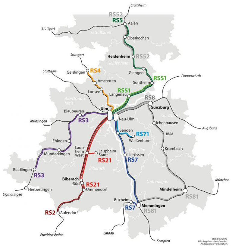 Liniennetz der geplanten S-Bahn-Verbindungen, das sich von Aalen im Norden bis nach Memmingen im Süden sowie von Riedligen im Westen bis nach Mindelheim im Osten erstreckt.