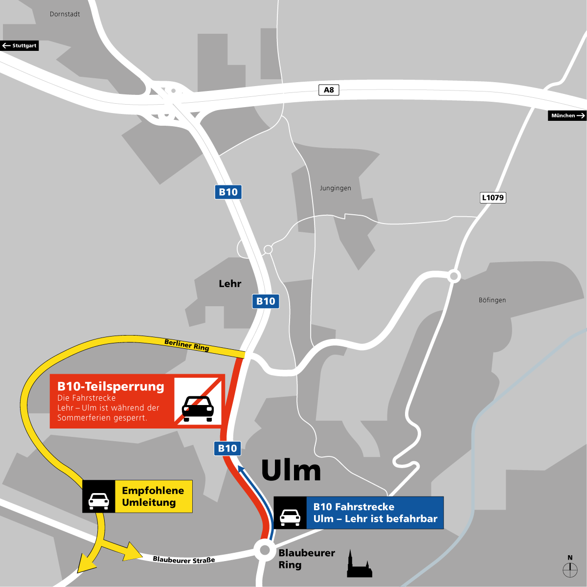 Der Verkehr wird ab der Anschlussstelle Uni über den Berliner Ring zur Blaubeurer Straße in die Innenstadt, oder weiter über den Kurt Schumacher Ring bis ins Donautal auf die B 30 umgeleitet. 