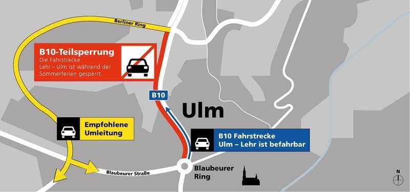 Der Verkehr wird ab der Anschlussstelle Uni über den Berliner Ring zur Blaubeurer Straße in die Innenstadt, oder weiter über den Kurt Schumacher Ring bis ins Donautal auf die B 30 umgeleitet. 