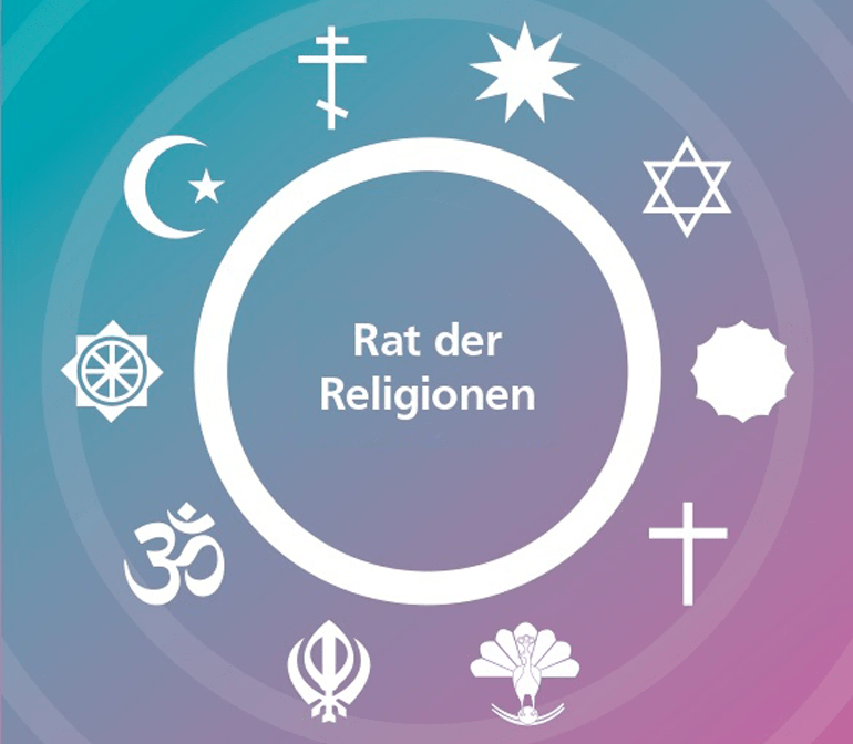 Die Symbole verschiedener Glaubensrichtungen, darunter Davidstern, Kreuz und Mondsichel.
