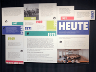 Verschiedene Info-Tafeln an einer Wand informieren darüber, welche Schritte auf dem Weg zur Demokratie es in Ulm von Anfang des 20. Jahrhunderts bis in die Gegenwart gegeben hat.
