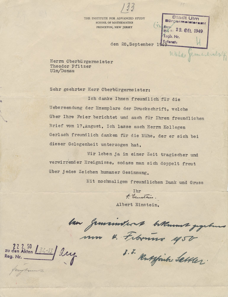 Ein Brief Albert Einsteins an Ulms Oberbürgermeister Pfizer