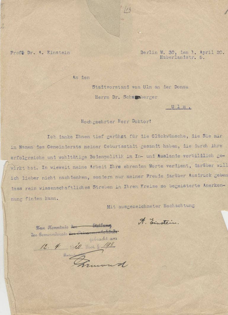 Ein Brief Albert Einsteins an den damaligen Ulmer Oberbürgermeister Emil Schwamberger