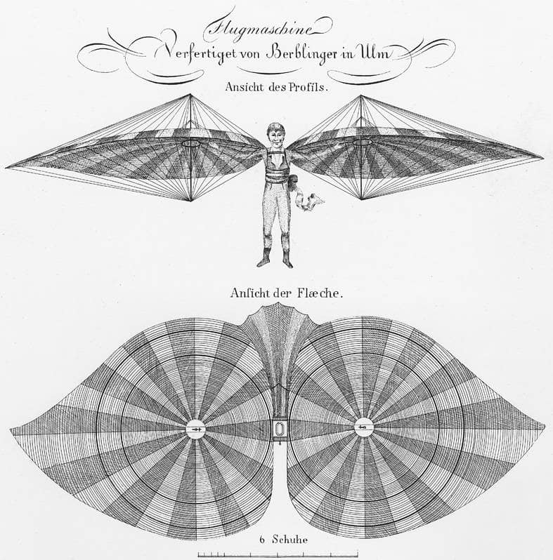 Zeichnung eines Geräts mit zwei Flügeln, das sich ein Mann um die Schultern geschnallt hat.
