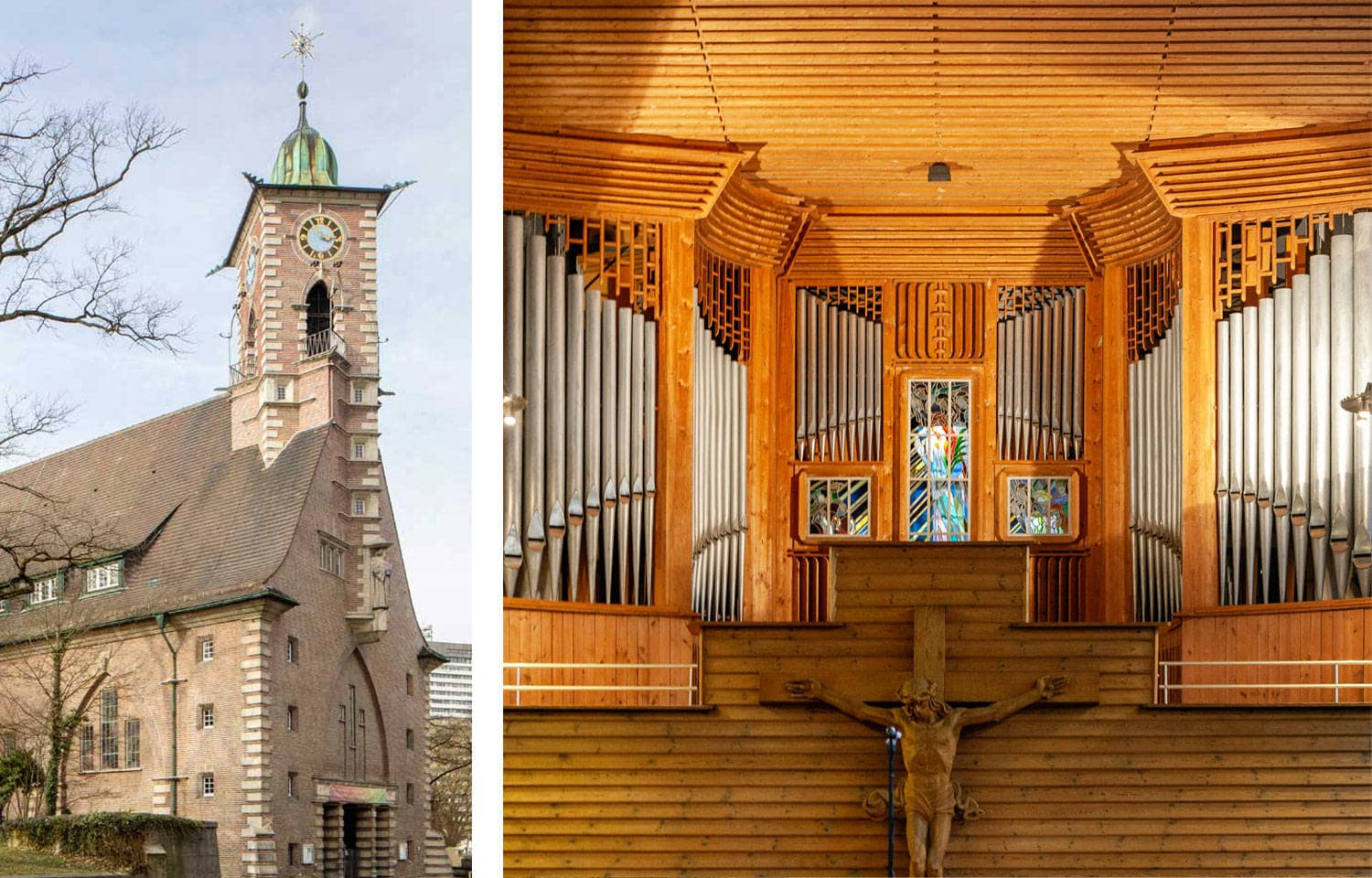 Außenansicht der Martin-Luther-Kirche mit Kirchturm, danaben eine Innenaufnahme der Orgel