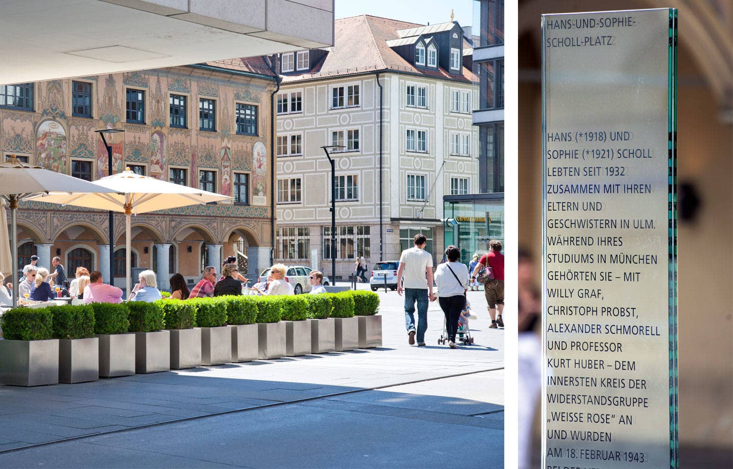 Hans-und-Sophie-Scholl-Platz mit einer Stele, auf der über die beiden Geschwister informiert wird.