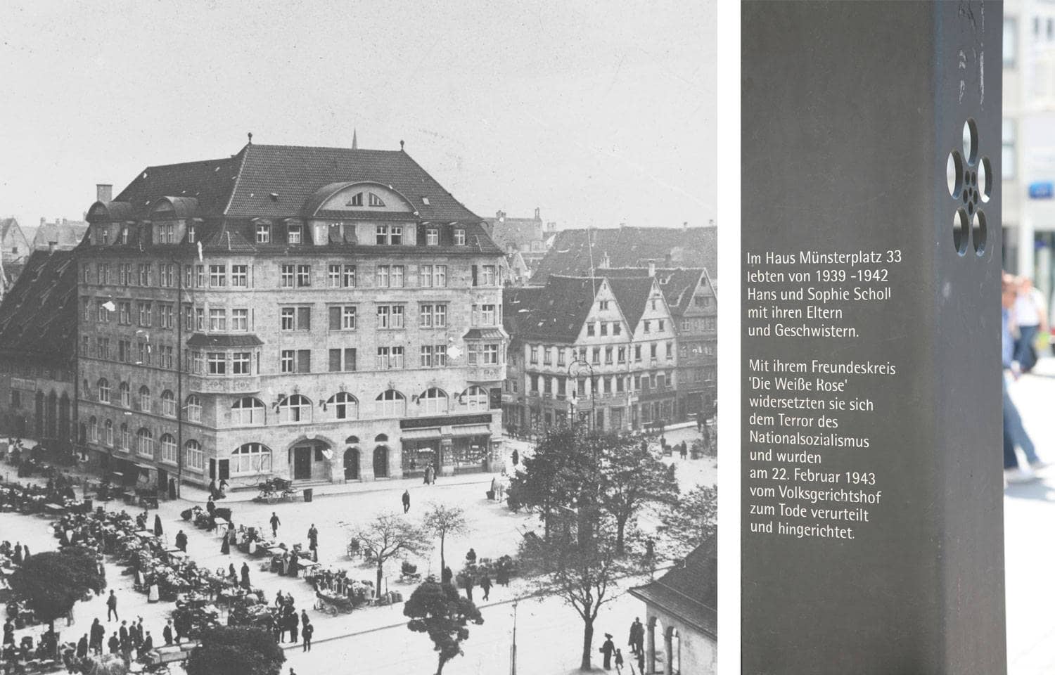 Alte Aufnahme des früheren Gebäudes am Münsterplatz 33, danebend die aktuelle Gedenkstehle, die heute auf dem Platz davor steht