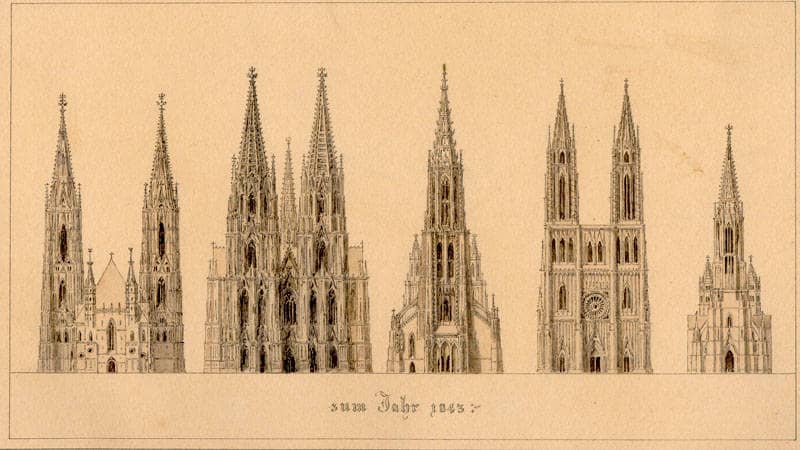 Zeichnung, die die Türme von fünf Kirchen direkt nebeneinander präseniert: Stephansdom in Wien, Kölner Dom, Ulmer Münster, Straßburger Münster, Freiburger Münster.