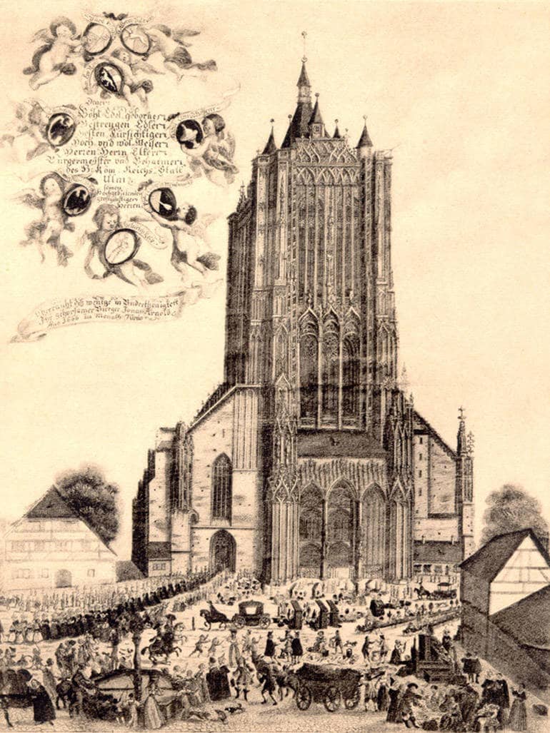 Zeichnung des Münsters mit gedrungenem Westturm