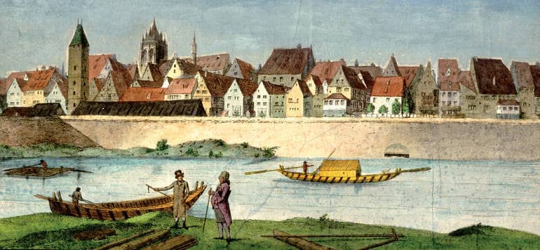 Gemälde einer Ulmer Schachtel auf der Donau