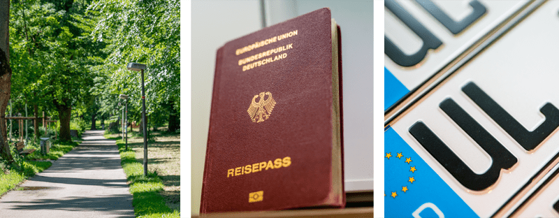 Ein Reisepass, ein Autonummernschild und eine Straßenlaterne
